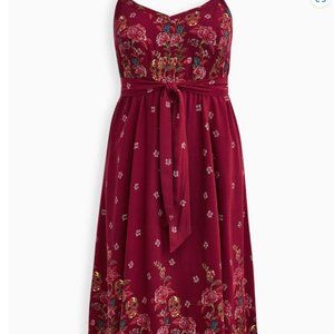Red Floral Challis Fit & Flare Midi Dress, Torrid 0 (reg. 12)